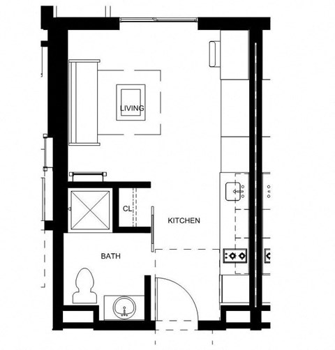 Floor plan for studio, 1 bath, 597 sqft
